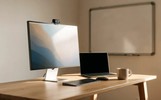 Webcam clipped to a monitor on a home office desk with a whiteboard in the background