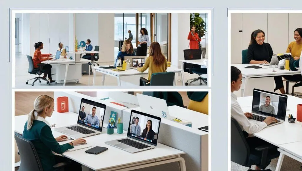 Return-to-Office mandates in 2025 – a modern hybrid office setup with remote and on-site employees.