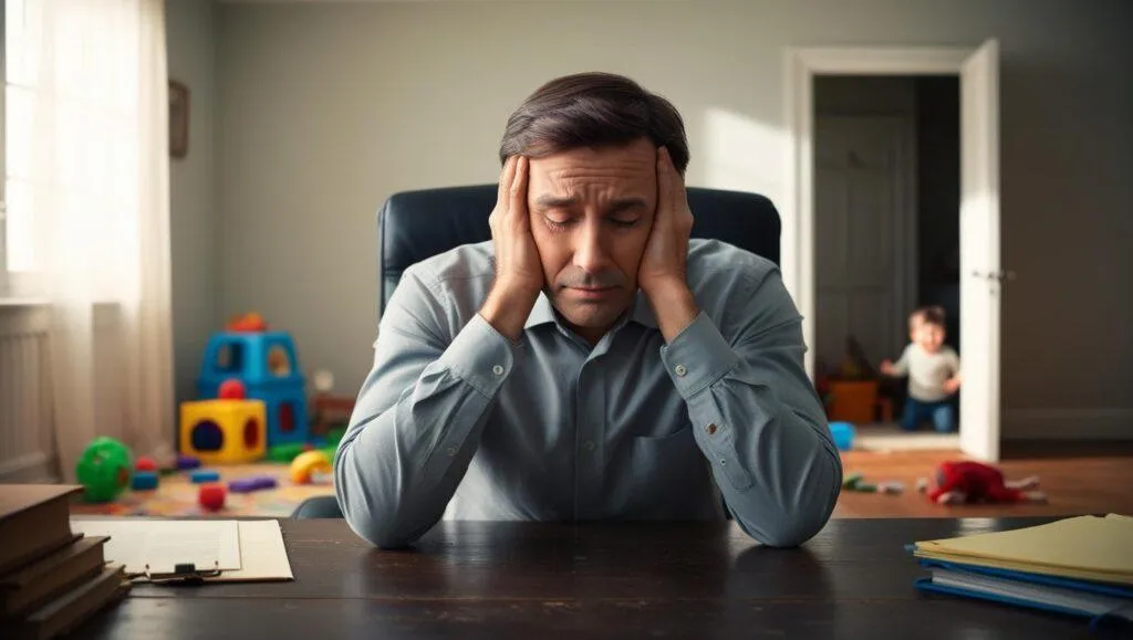 A remote worker sits at his desk with his head in his hands while home chaos unfolds around him, capturing the emotional burnout of working and parenting in the same space.