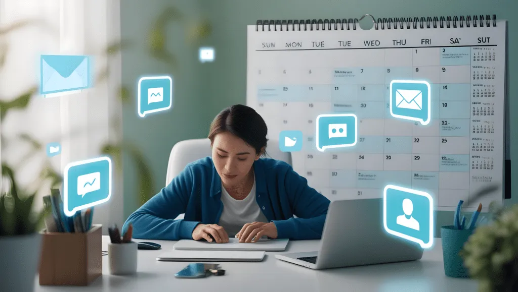 Remote worker overwhelmed by constant digital activity and productivity pressure.