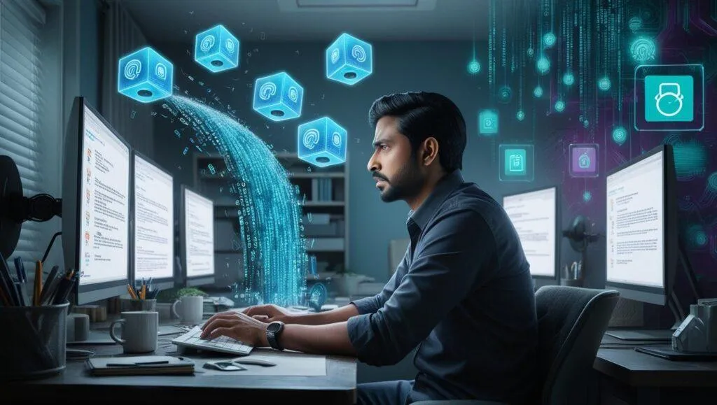 A remote worker overwhelmed by AI-generated tasks and notifications, symbolizing the paradox of AI productivity stress.