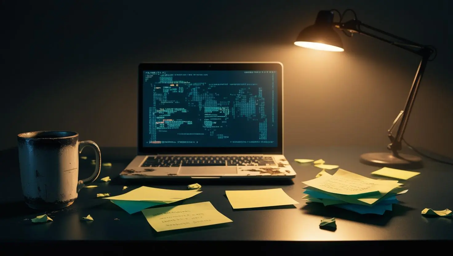Remote work survival setup: a fatigued workspace showing signs of burnout and quiet strength.