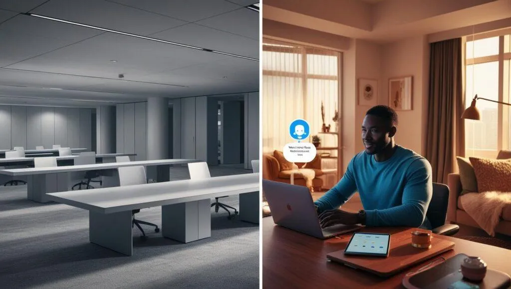 A confident remote worker using AI tools in a home office while a traditional corporate office remains half-empty, reflecting the shift in the modern workforce.